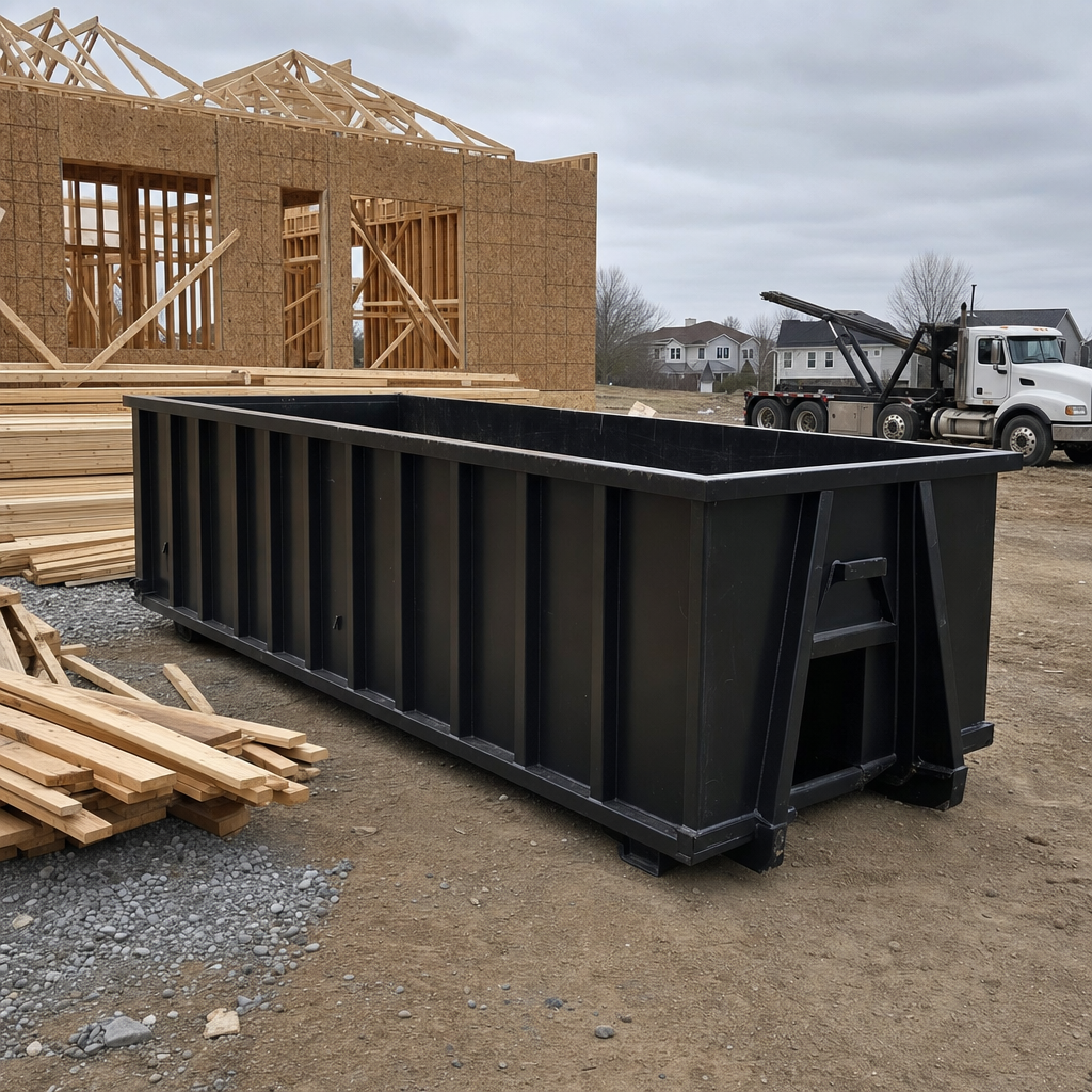 Matte-black 40-yard roll-off dumpster staged on a framed-out residential construction site in Alpharetta, framing lumber stacked nearby, hooklift delivery truck visible in the background under bright Colorado daylight