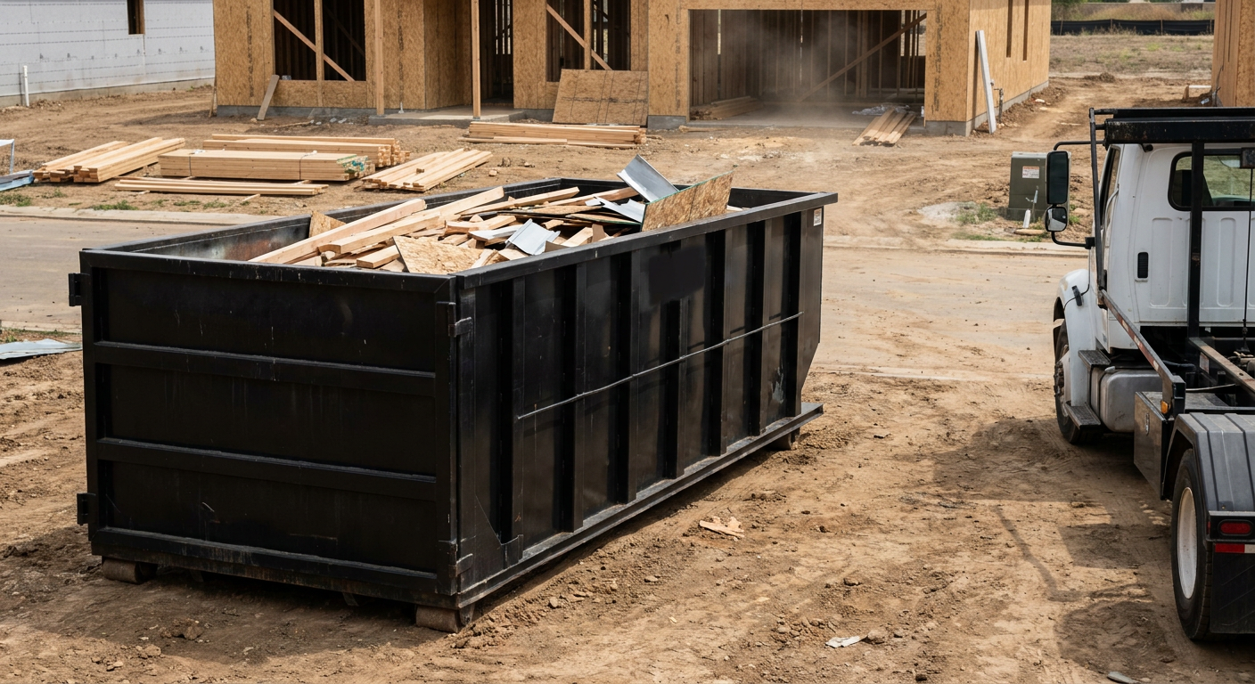 Matte-black 20-yard roll-off construction dumpster with heavy ribbed steel sidewalls and swing rear doors at a working jobsite in Alpharetta, sitting directly on compacted dirt with an unmarked white hauler partially visible at the far edge of the frame.