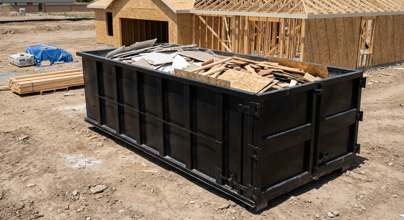 Matte-black 30-yard roll-off construction dumpster sitting directly on the compacted-dirt site of a framed single-family home build in Alpharetta, drywall and lumber scrap loaded inside.