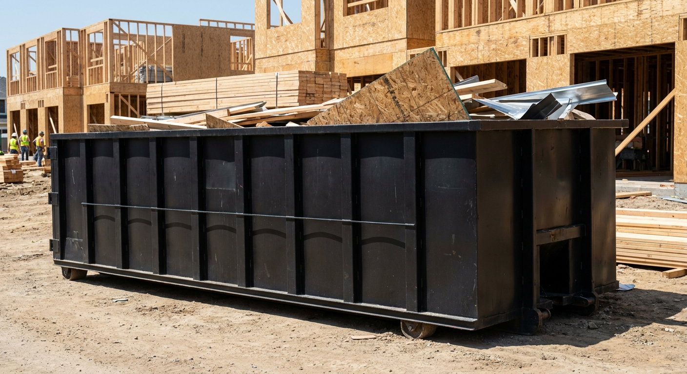 Matte-black 40-yard roll-off construction dumpster being lowered from a white-cab hooklift delivery truck onto the compacted-dirt jobsite at a commercial build site in Alpharetta
