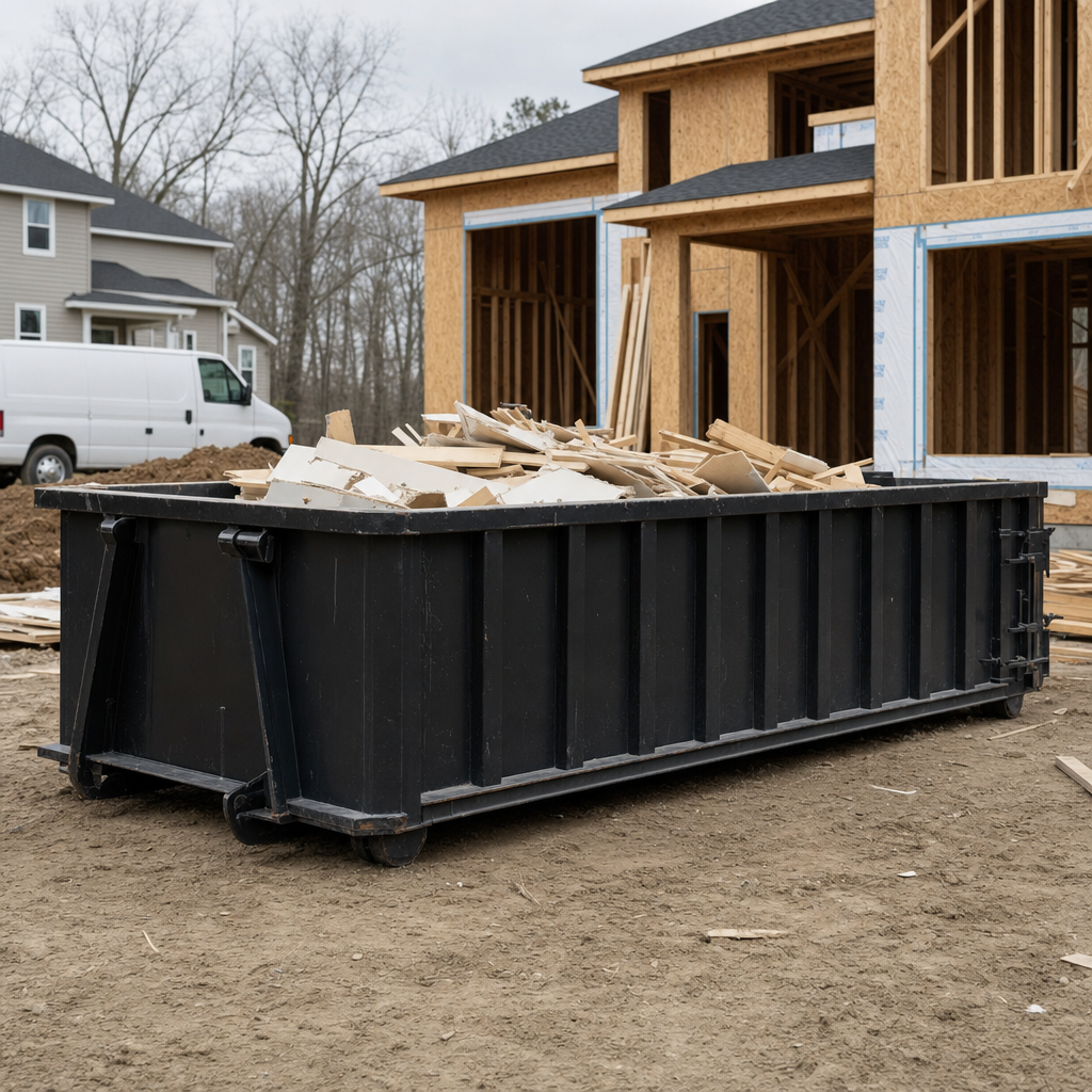 Worker in a yellow high-visibility vest tossing framing lumber and broken drywall into a matte-black 30-yard construction roll-off dumpster on an active build site in Alpharetta, bright daylight