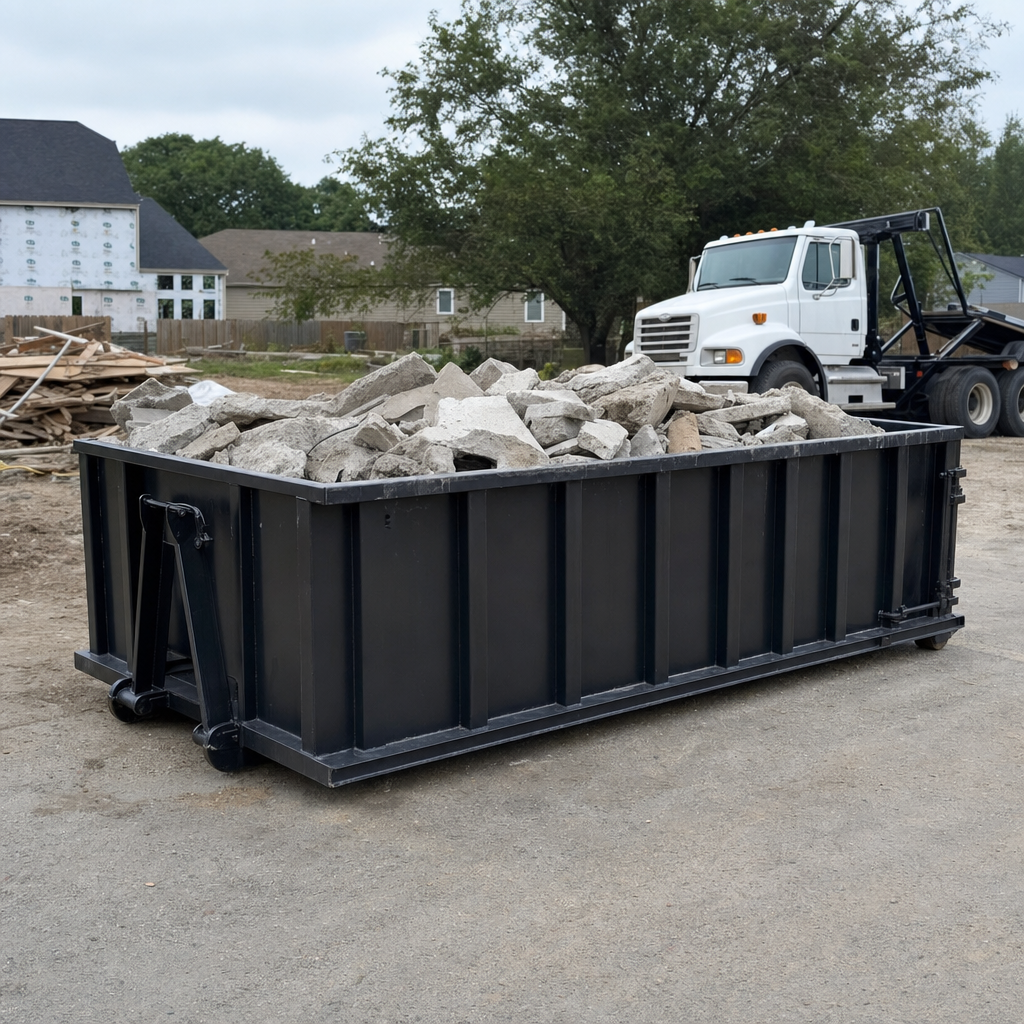 Low-profile matte-black lowboy roll-off dumpster loaded with broken concrete slab and rebar at a foundation tear-out in Alpharetta, skid steer parked beside it, sunny Colorado morning