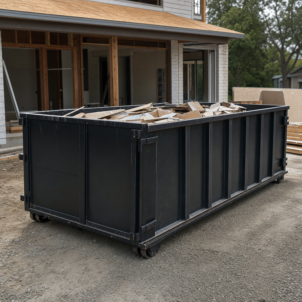 Large matte-black 30-yard construction roll-off dumpster at an active Alpharetta jobsite, steel-gray top rails and bottom rollers visible, loaded with construction debris.