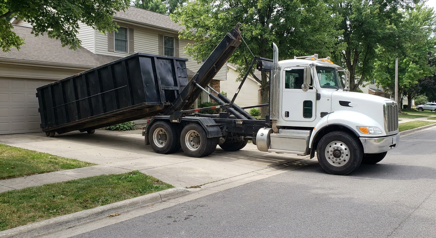 White-cab hooklift roll-off truck actively lowering a matte-black dumpster onto a Alpharetta residential concrete driveway, the dumpster's rear wheels touching the driveway as the hoist arm tilts the bed forward, mid-morning daylight.