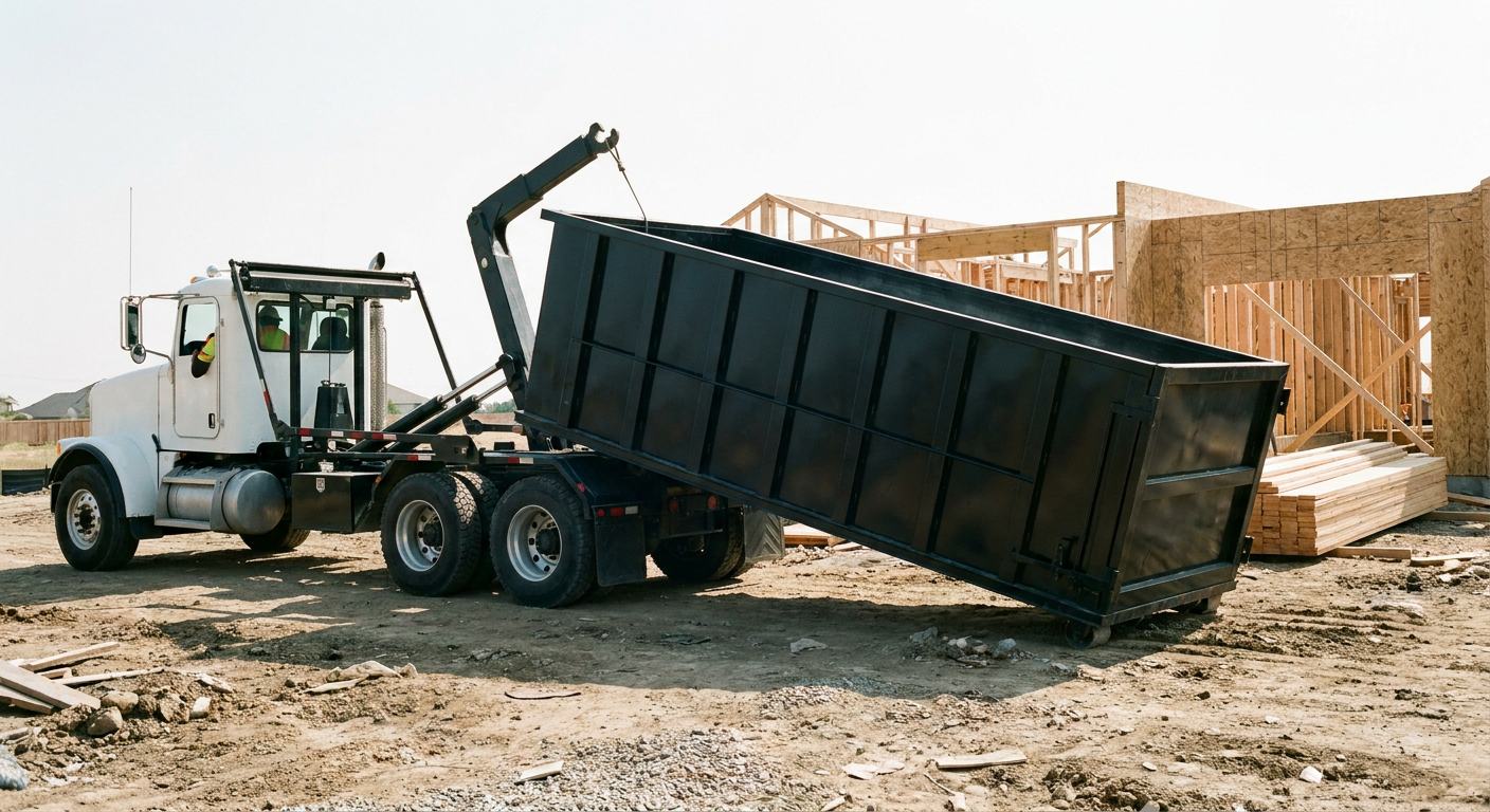 Matte-black roll-off dumpster being delivered onto a clean residential concrete driveway in Alpharetta by an unmarked white hooklift hauler truck, bright morning daylight, documentary 35mm perspective.