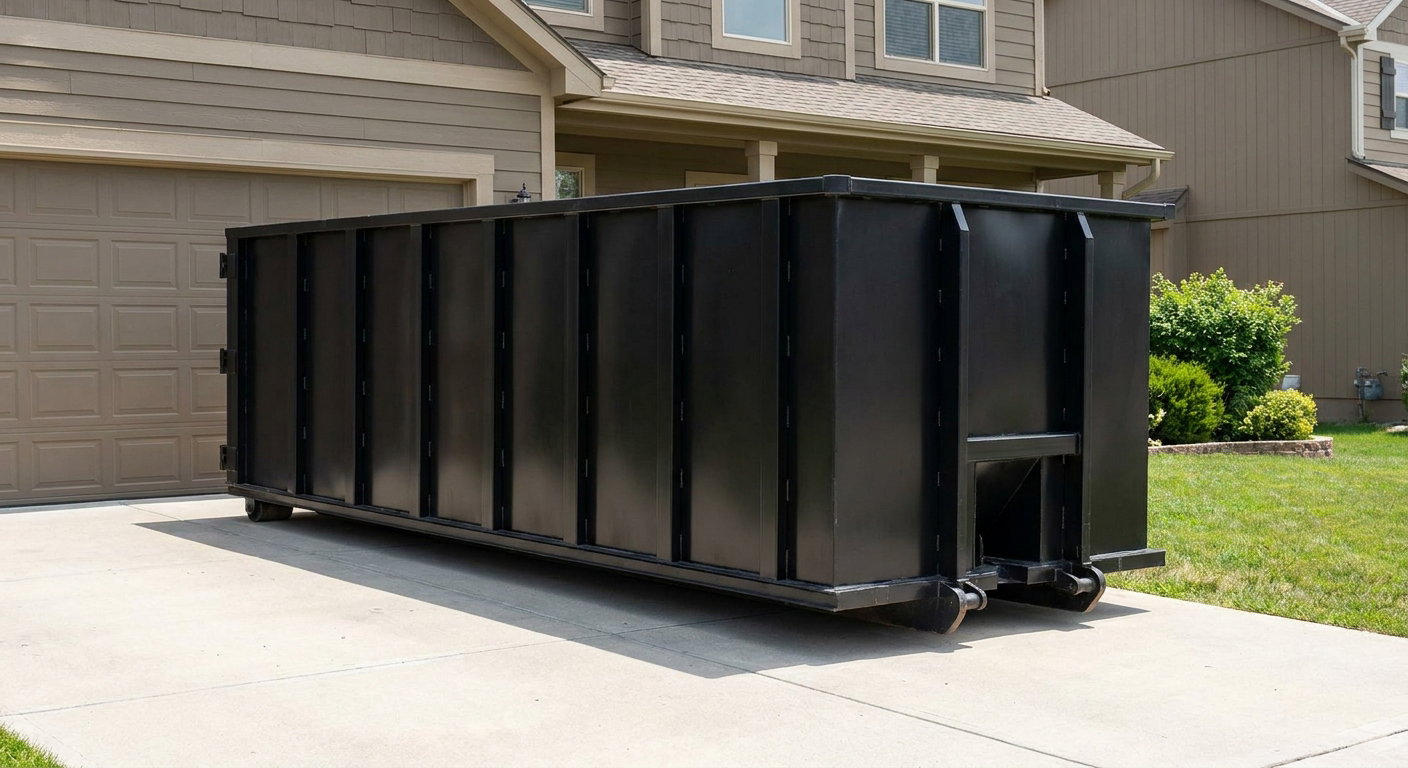 Matte-black residential roll-off dumpster sitting directly on a suburban Alpharetta concrete driveway, garage door closed, single-family home in background, bright morning daylight.