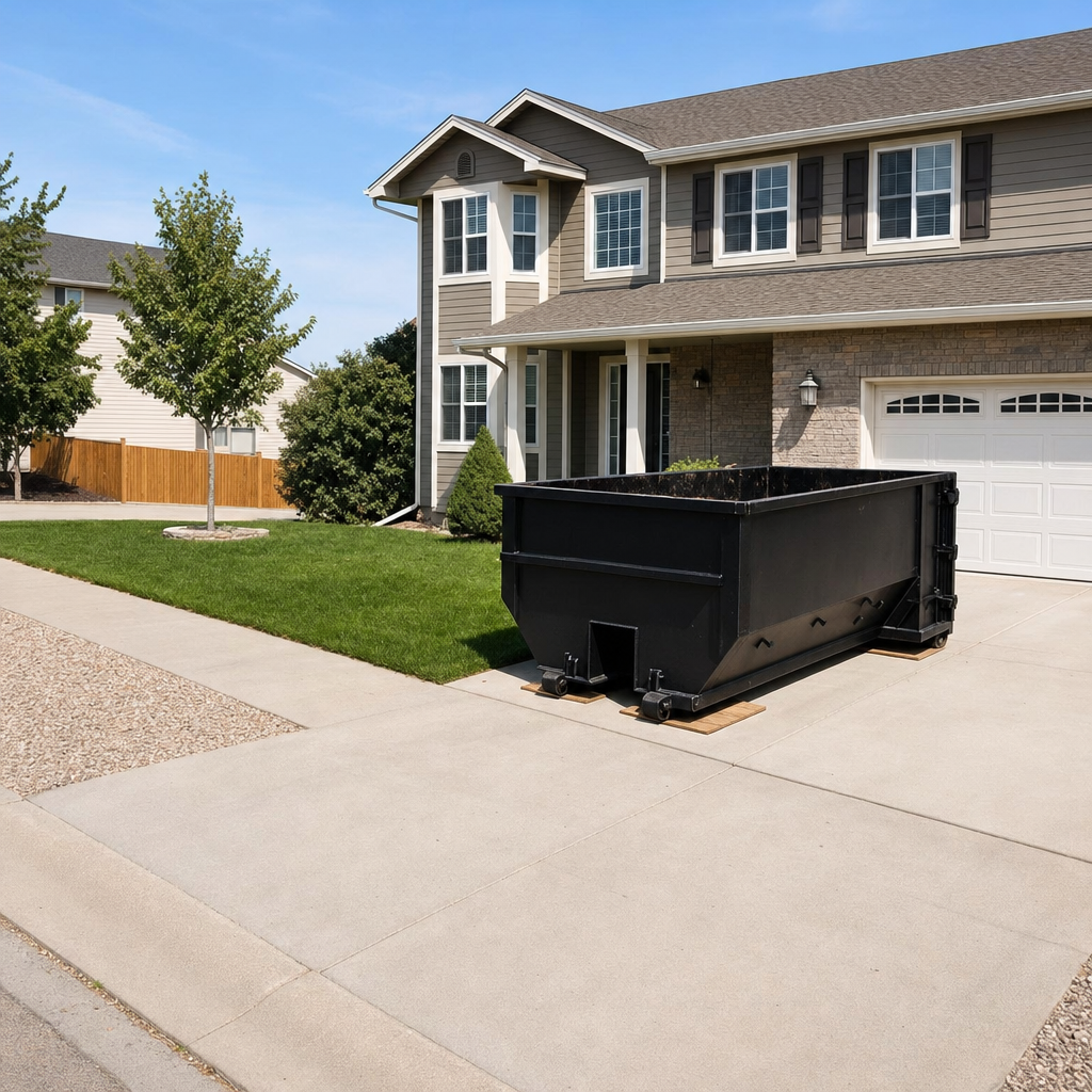 10-yard matte-black residential dumpster placed directly on a narrow Alpharetta concrete driveway, room remains for a parked sedan beside it, mid-morning natural light