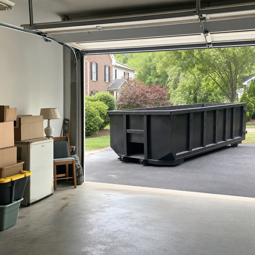 Open garage interior in a Alpharetta home mid-cleanout — boxed items, an old appliance, and stacked yard tools queued near the driveway for a matte-black roll-off dumpster, organized and calm