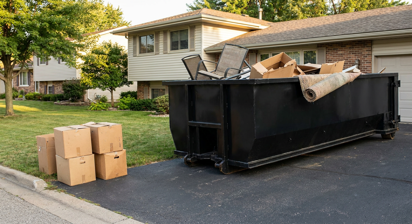 Front-yard view of a Alpharetta split-level home with a 20-yard matte-black roll-off dumpster sitting directly on the asphalt driveway, a few clearly labeled donation boxes staged at the curb, calm sunny afternoon.