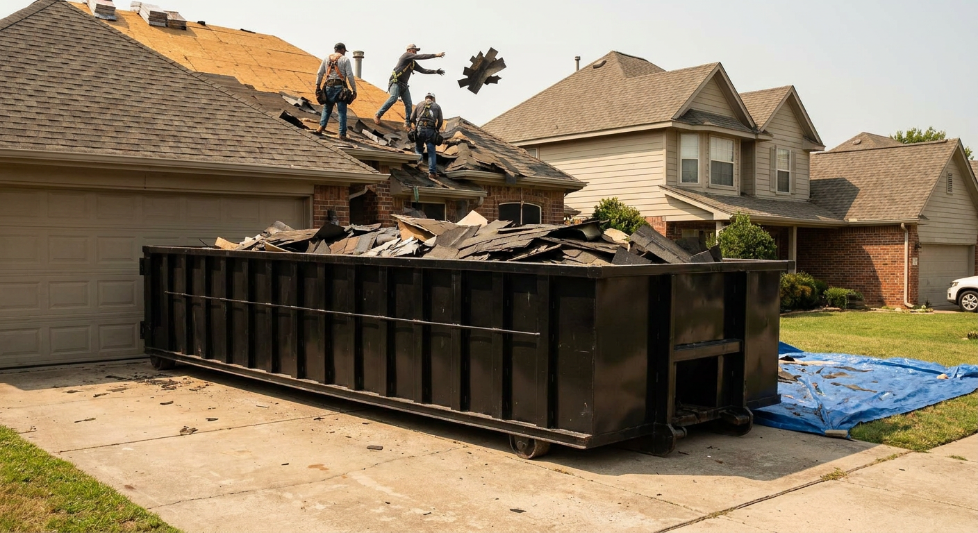Matte-black roofing roll-off dumpster placed directly on a Alpharetta residential concrete driveway, a tear-off crew on a two-story asphalt-shingle roof tossing shingle bundles into the low-walled container, bright daylight, documentary 35mm perspective.