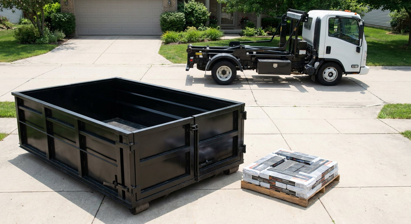 Matte-black 15-yard roofing roll-off dumpster with reinforced low side walls sitting directly on a Alpharetta residential concrete driveway, three-tab asphalt shingle bundles stacked nearby, an unmarked white hauler truck partially visible at the edge of the frame.