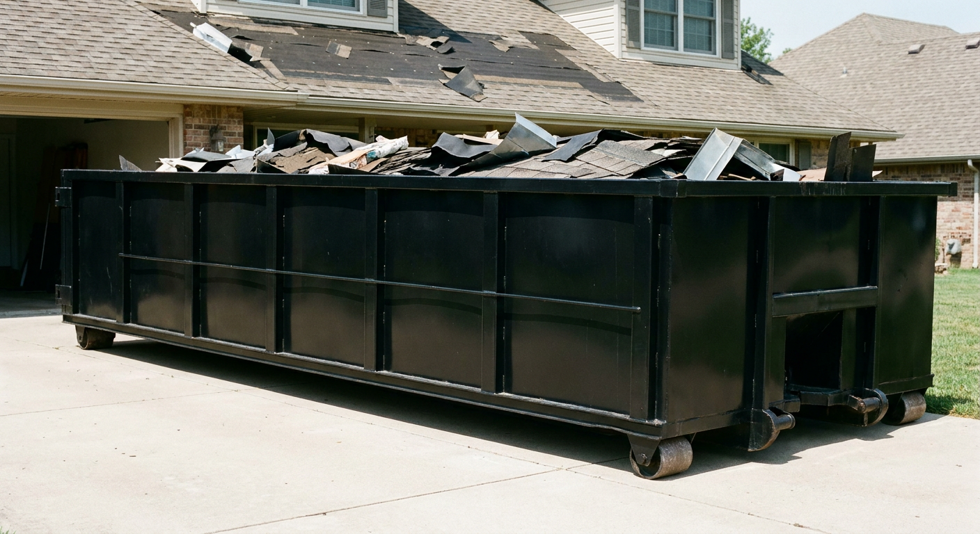 Matte-black 20-yard roofing roll-off dumpster with steel ribbed sides and swinging rear door, sitting directly on the concrete driveway of a two-story Alpharetta home, asphalt shingle debris being loaded over the low wall, clean documentary lighting.