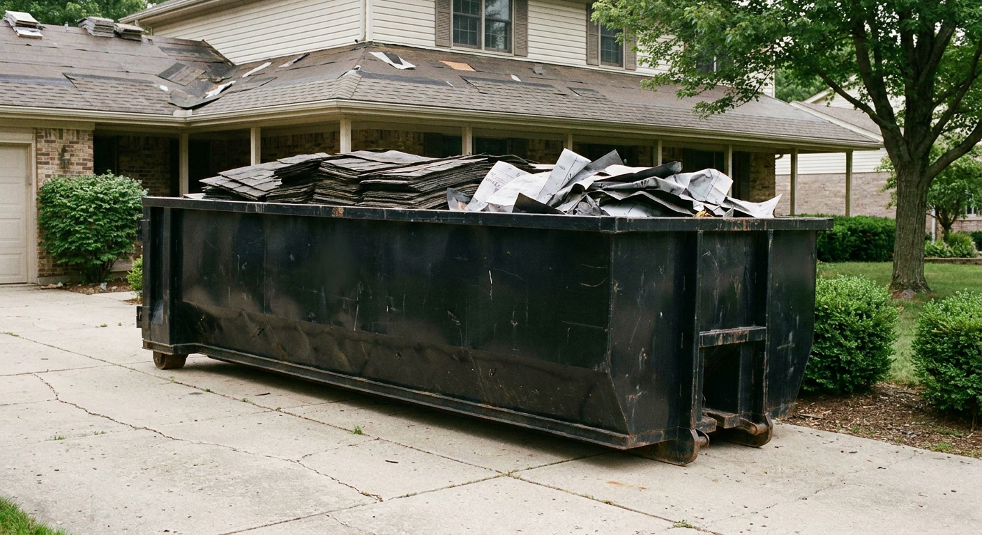Matte-black 30-yard roofing roll-off dumpster sitting directly on a Alpharetta concrete driveway, taller ribbed steel side panels, mixed tear-off debris of asphalt shingles and underlayment inside, professional documentary daylight.
