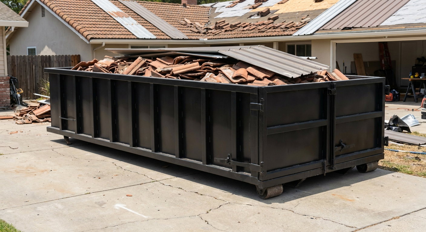 Matte-black low-wall heavy-debris roofing roll-off dumpster sitting directly on a Alpharetta concrete driveway, broken concrete clay roof tiles and metal panel sections loaded inside, reinforced ribbed steel side walls visible, bright outdoor daylight.