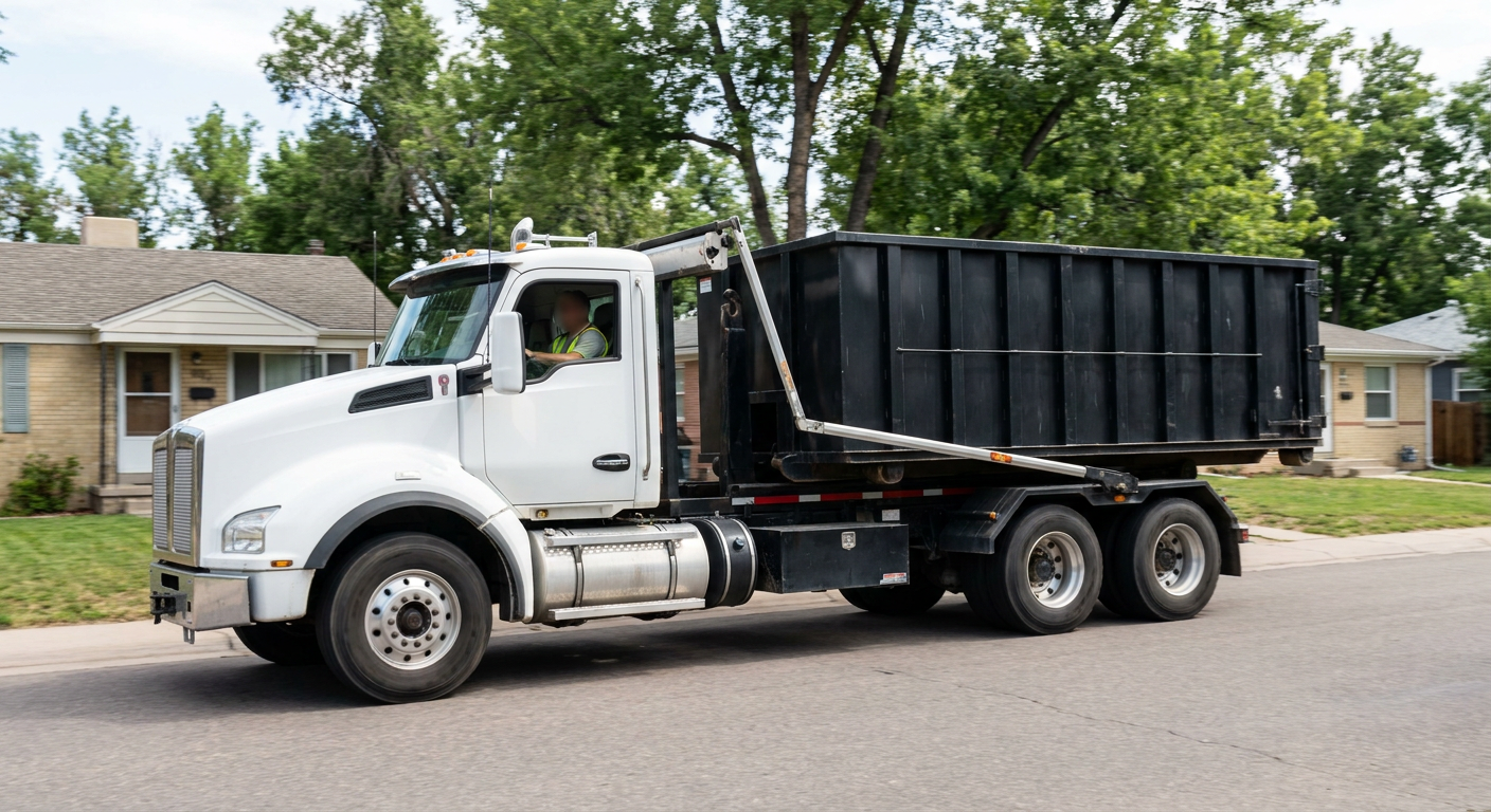 A wide documentary shot of a matte-black roll-off delivery truck pulling onto a quiet Alpharetta residential street at mid-morning, with neighborhood rooftops and tree-lined blocks visible behind, showing the metro coverage footprint.