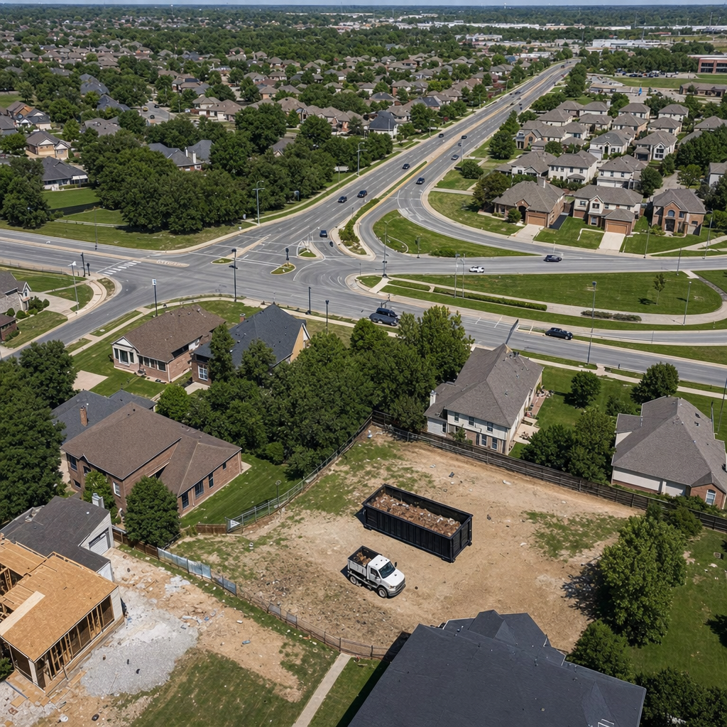 An overhead documentary view of the Alpharetta metro area at midday, showing the spread of neighborhoods, arterial roads, and the dispatch radius from a central yard — clean daylight, organized geographic layout.