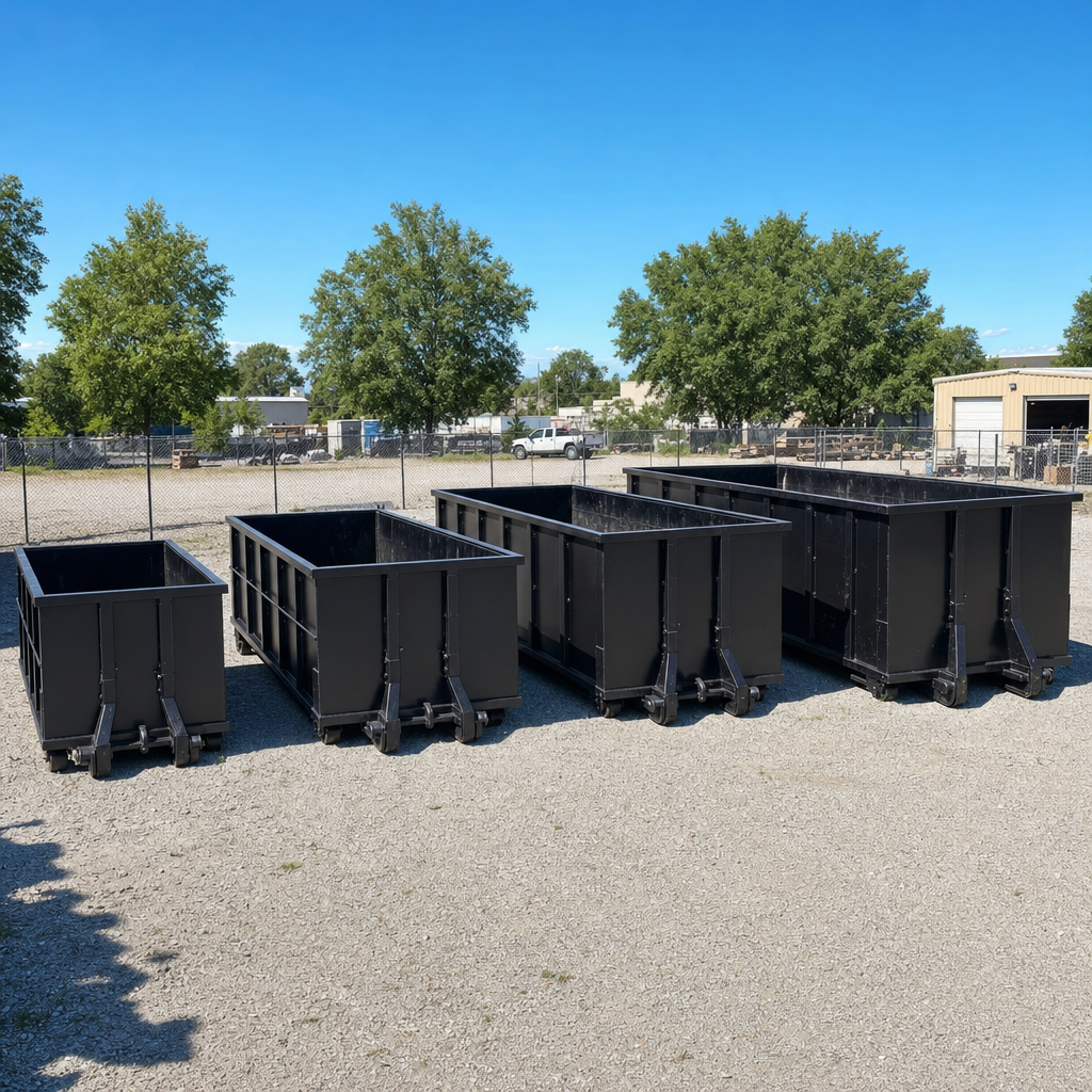 A clean lineup of matte-black roll-off dumpsters in 10, 20, 30, and 40-yard sizes staged on a sunlit gravel yard in Alpharetta, showing the size progression from compact to commercial-scale containers.