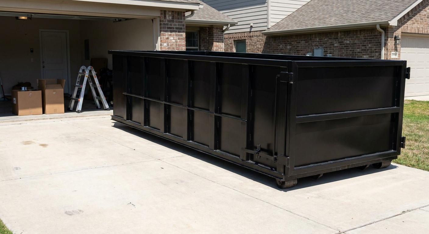 A matte-black 10-yard roll-off dumpster sitting directly on a residential Alpharetta concrete driveway, mid-day sunlight, clean and ready for a garage cleanout.
