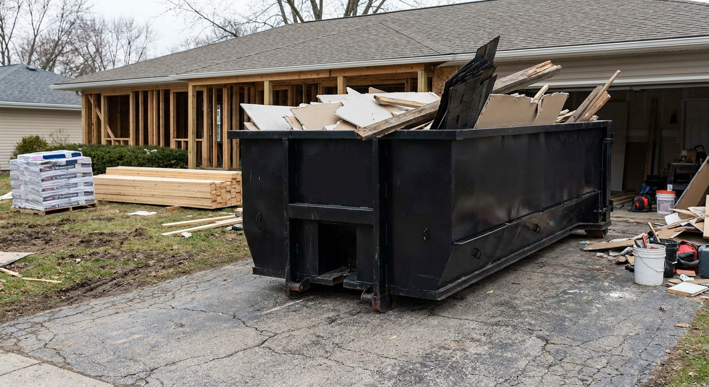 A matte-black 20-yard roll-off dumpster placed alongside a mid-renovation Alpharetta home directly on the asphalt driveway, with framing materials and torn-off shingles staged neatly nearby.