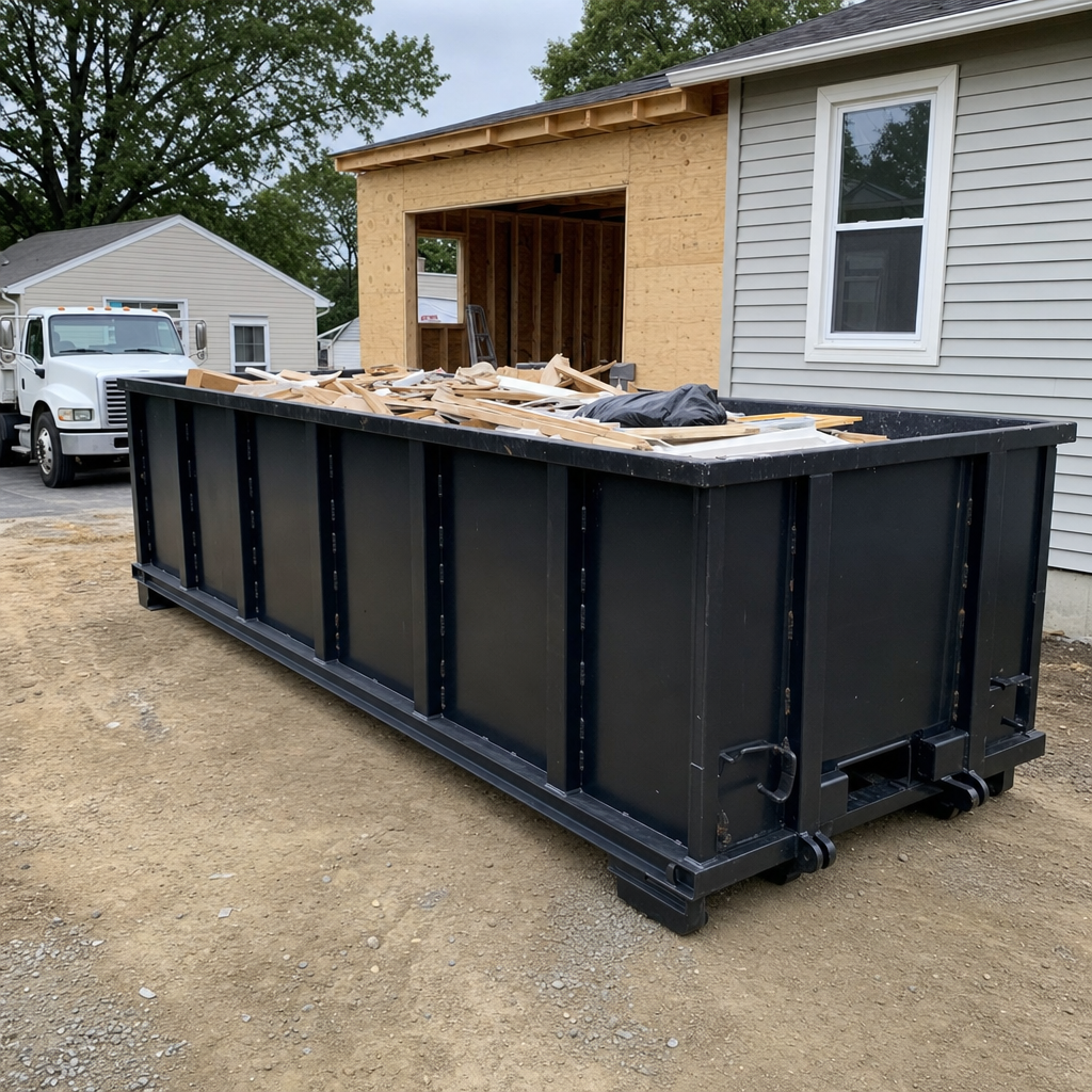 A matte-black 30-yard roll-off dumpster positioned at a Alpharetta residential addition jobsite, with framing lumber and drywall scraps loaded through the open swinging rear doors.