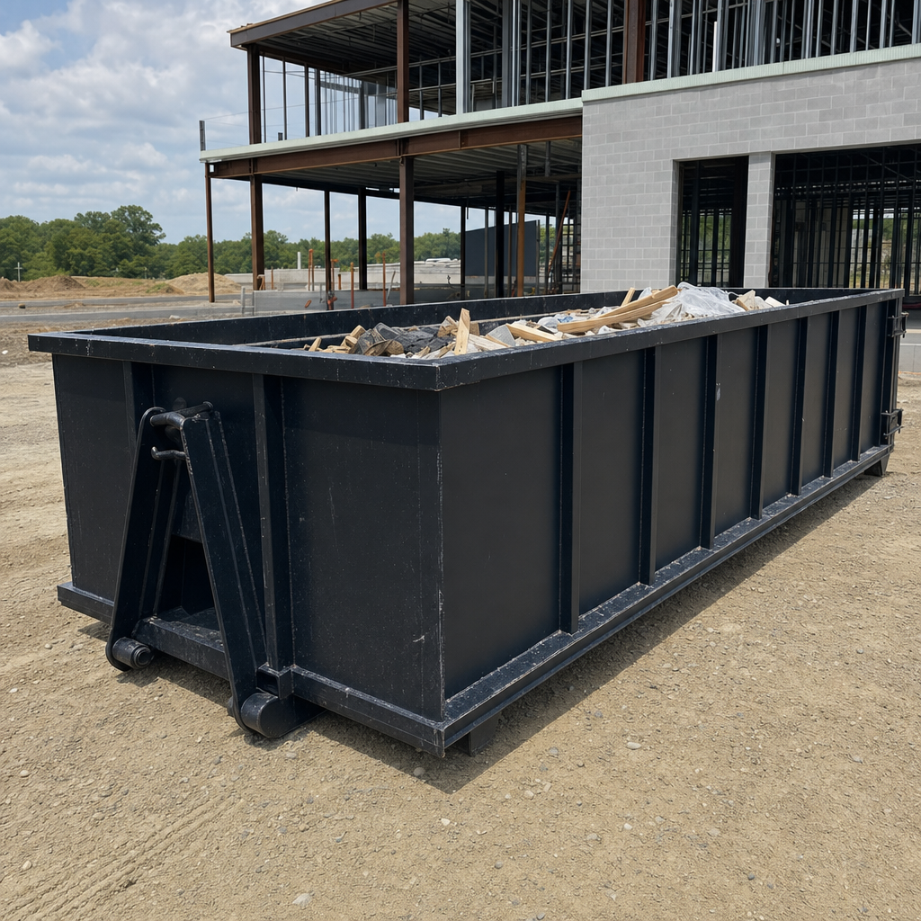 A matte-black 40-yard roll-off dumpster staged on a large Alpharetta commercial construction lot, with a hooklift delivery truck parked alongside under bright midday sky.