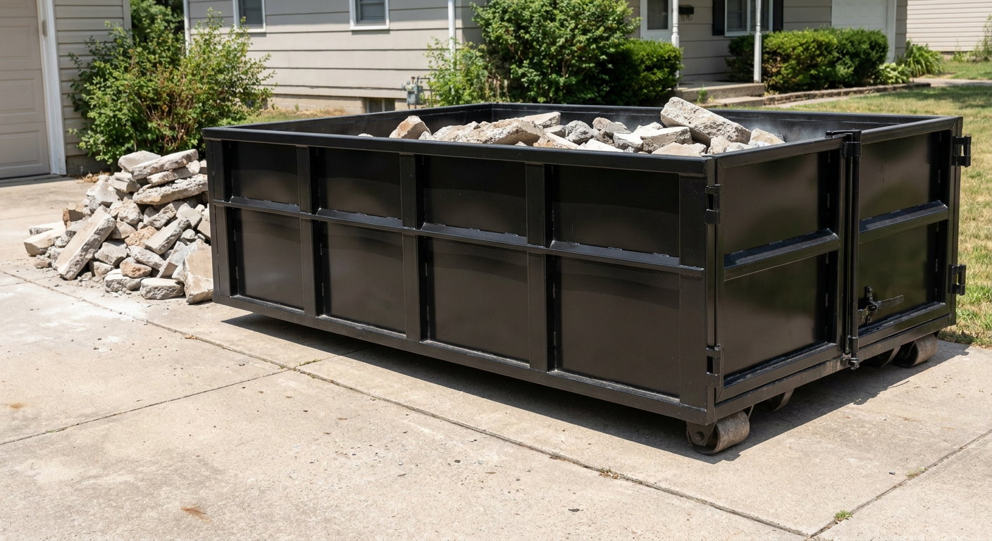 A matte-black low-side heavy-debris roll-off dumpster placed directly on a Alpharetta concrete driveway, with broken concrete chunks neatly stacked beside it under clean daylight.